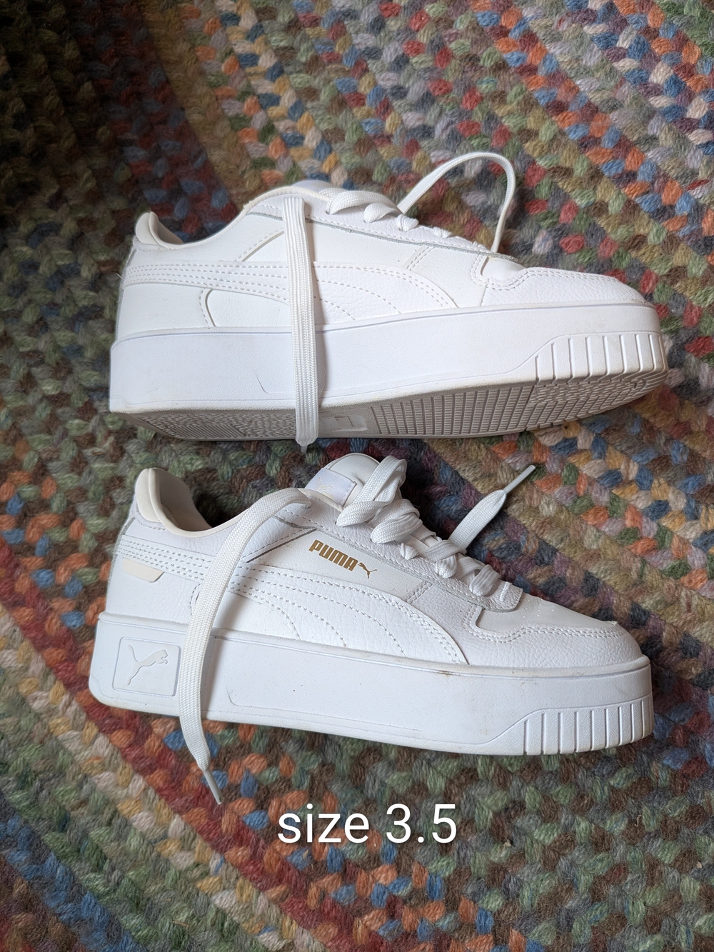 Girls Puma White Platform Lace-Up Sneakers with Gold Accent